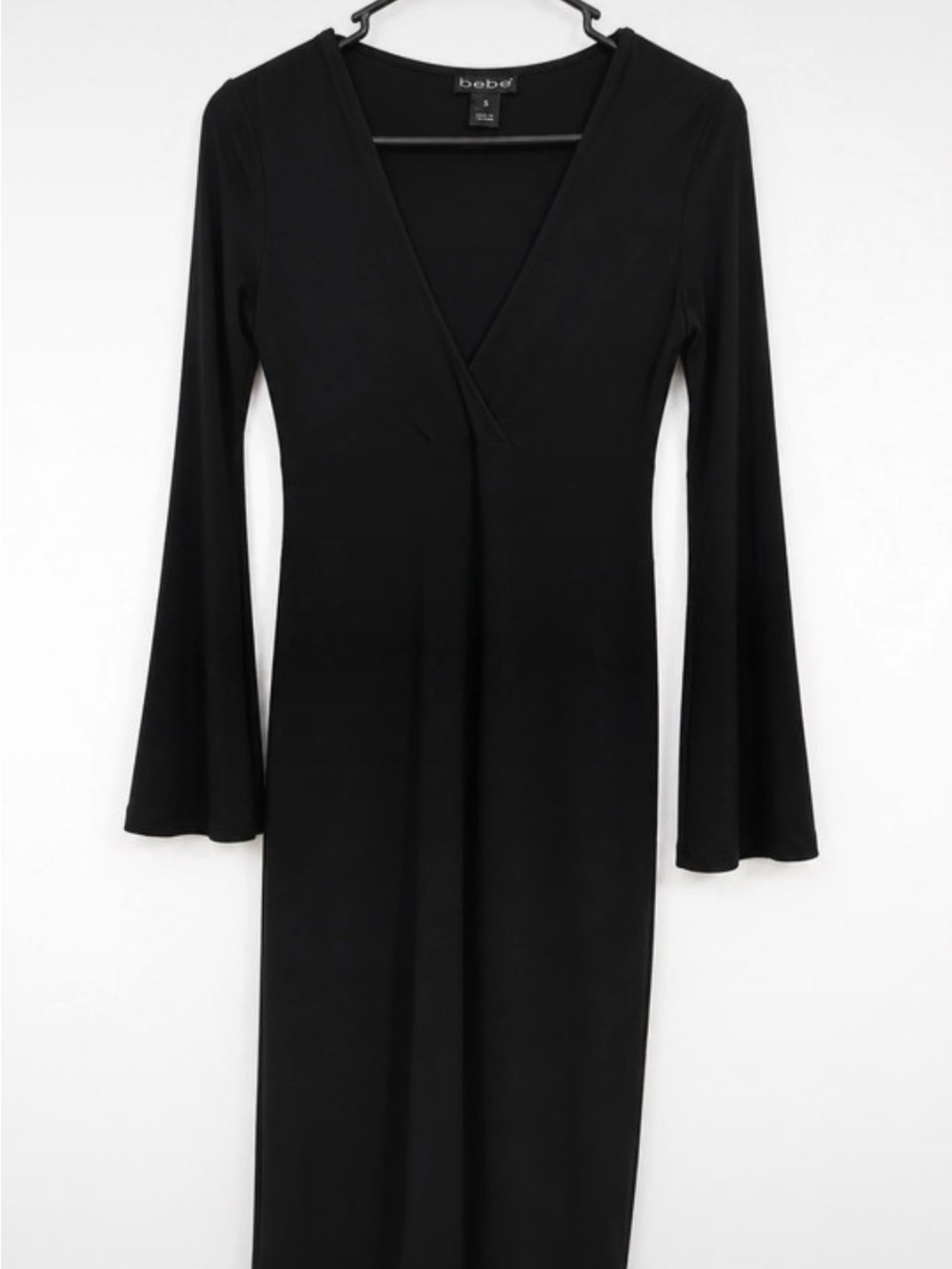bebe Black Long-Sleeve V-Neck Maxi Dress with Flared Sleeves